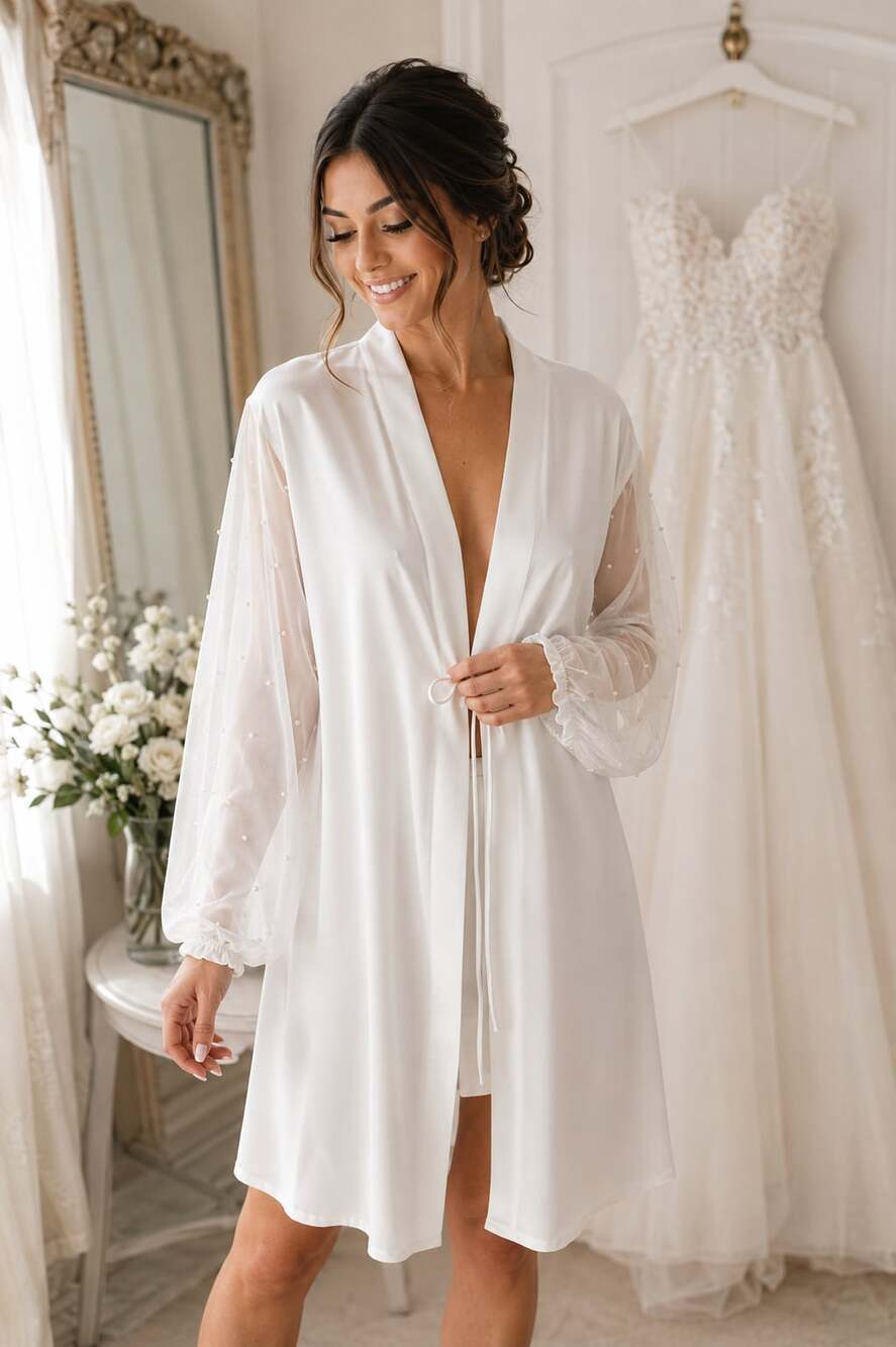 HEIRLOOM Bridal Company Pearl Sleeve Satin Bridal Robe White Curvy Wedding Robe